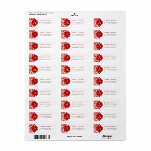 Red Damask Monogram Return Address Labels (Full Sheet)