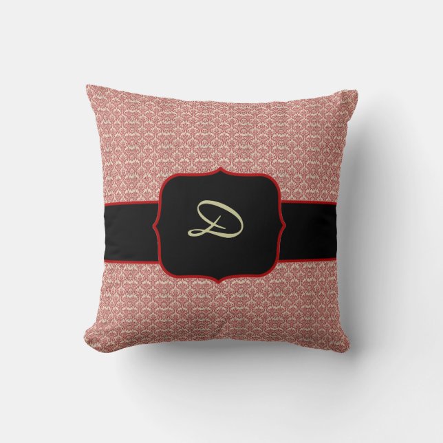 Red Damask Monogram Sierkussennen Kussen (Voorkant)