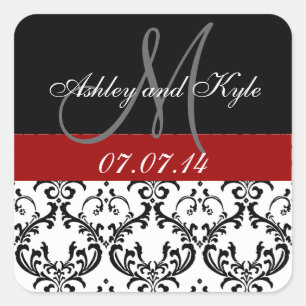 Red Damask Monogram Sla de datum Stickers op