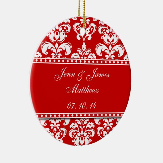 Red Damask Names Date Wedding Ornaments Keramisch Ornament (Rechts)