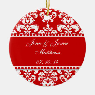 Red Damask Names Date Wedding Ornaments Keramisch Ornament