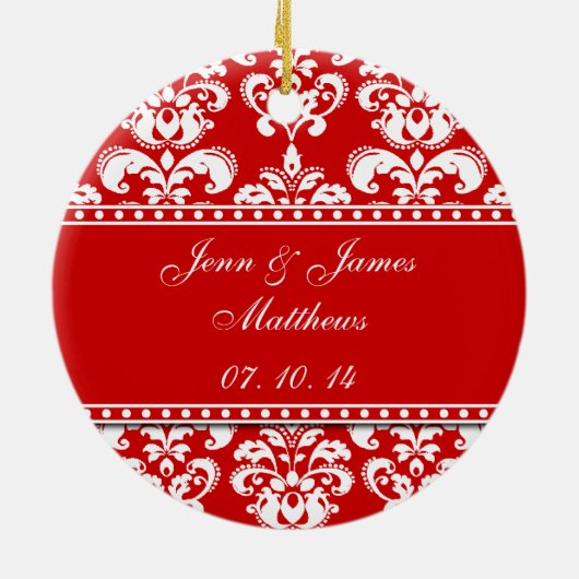 Red Damask Names Date Wedding Ornaments Keramisch Ornament (Achterkant)
