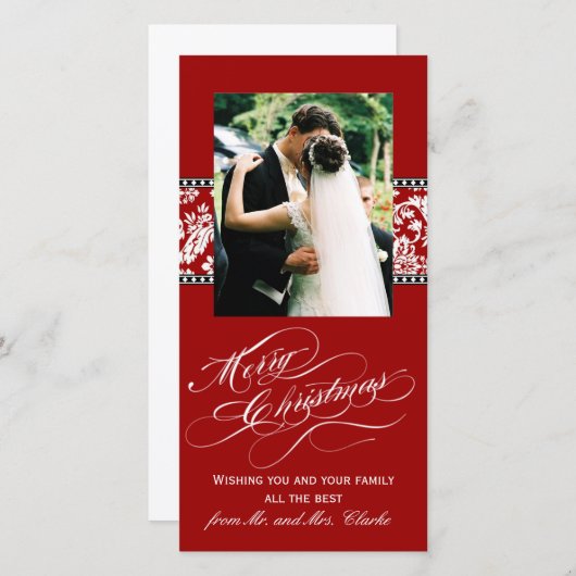 Red Damask Nieuwste Huwden Eerste Kerstkaart (Voorkant / Achterkant)
