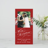 Red Damask Nieuwste Huwden Eerste Kerstkaart (Staand voorkant)