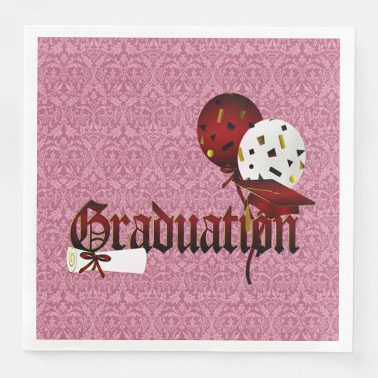 Red Damask Nostalgic Font and Balloons Afstuderen Servetten (Voorkant)