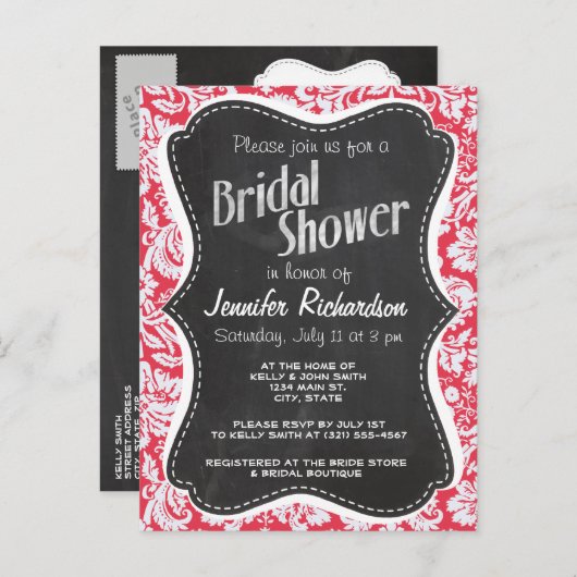 Red Damask Patroon;  alkbord Uitnodiging Briefkaart (Voorkant / Achterkant)