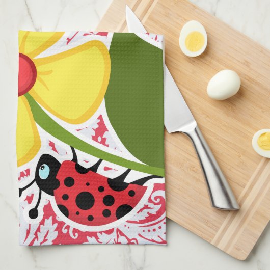 Red Damask Patroon; Lieveheersbeestje Theedoek (Quarter Fold)