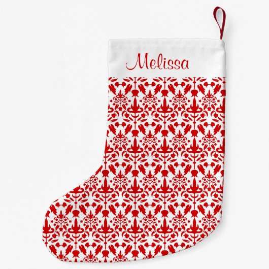 Red Damask-patroon met aangepaste naam Kleine Kerstsok (Achterkant)