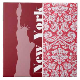 Red Damask Patroon; New York; Vrijheidsbeeld Tegeltje