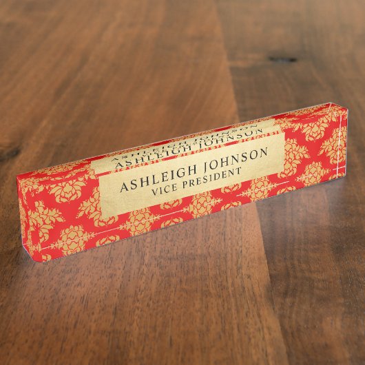 Red Damask Pattern Faux Gold Foil Elegant Naambordje (Zijkant)
