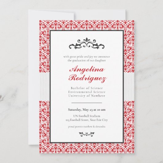 Red Damask Pattern Foto Afstuderen Invitation Kaart (Voorkant)