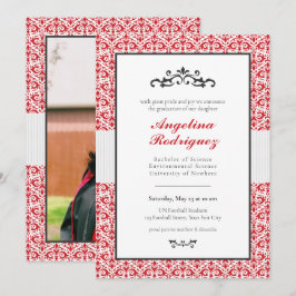 Red Damask Pattern Foto Afstuderen Invitation Kaart