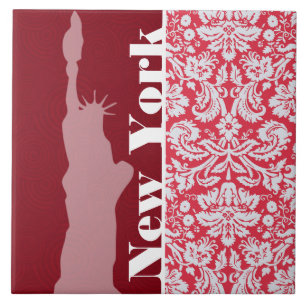 Red Damask Pattern; New York; Vrijheidsbeeld Tegeltje