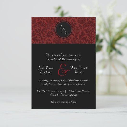 Red Damask & Red Bow - 3x5 Weddenschap Kaart (Staand voorkant)