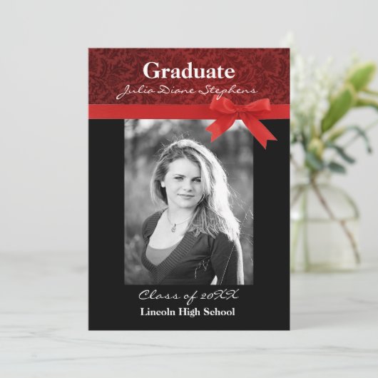 Red Damask & Red Bow - Aankondiging Afstuderen (Staand voorkant)