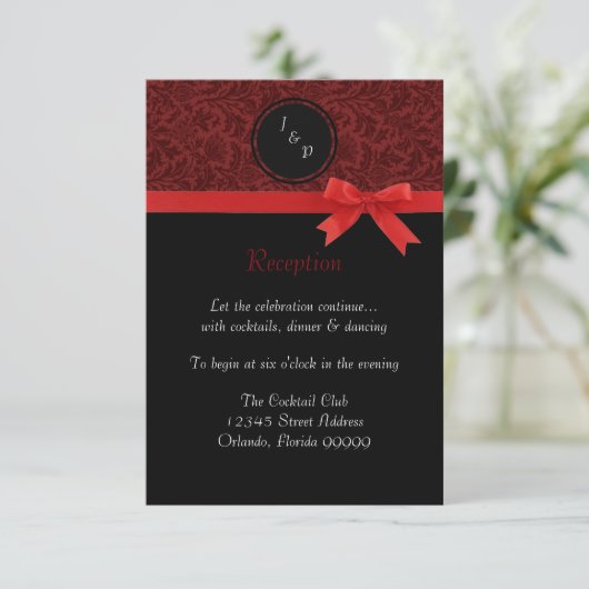 Red Damask & Red Bow - Opvanguitnodiging Kaart (Staand voorkant)