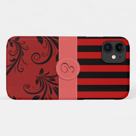 Red Damask, Red Stripes, Striped, Monogram Case-Mate iPhone Case (Achterkant (horizontaal))