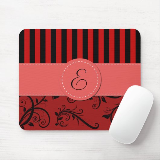 Red Damask, Red Stripes, Striped, Monogram Muismat (Met muis)