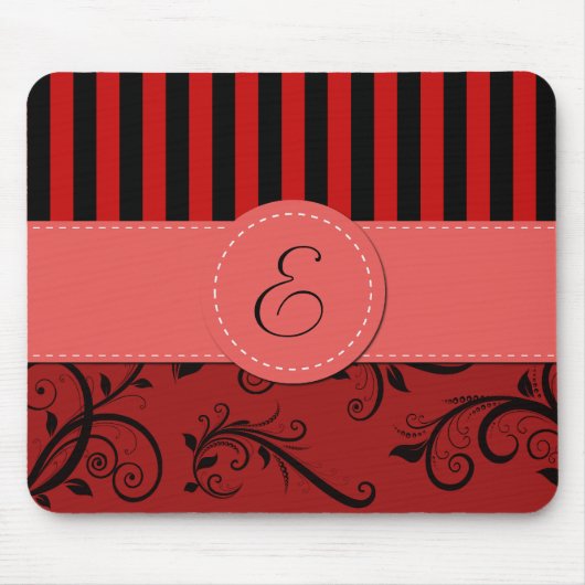 Red Damask, Red Stripes, Striped, Monogram Muismat (Voorkant)