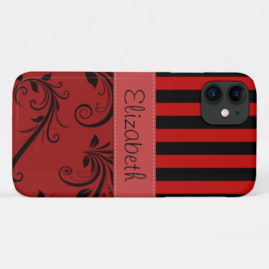 Red Damask, Rode Stripes, Striped, Jouw naam Case-Mate iPhone Case (Achterkant (horizontaal))