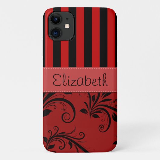 Red Damask, Rode Stripes, Striped, Jouw naam Case-Mate iPhone Case (Achterkant)