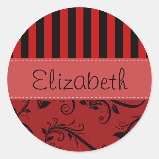 Red Damask, Rode Stripes, Striped, Jouw naam Ronde Sticker (Voorkant)