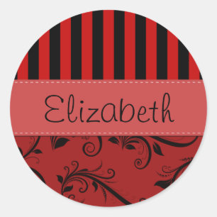 Red Damask, Rode Stripes, Striped, Jouw naam Ronde Sticker