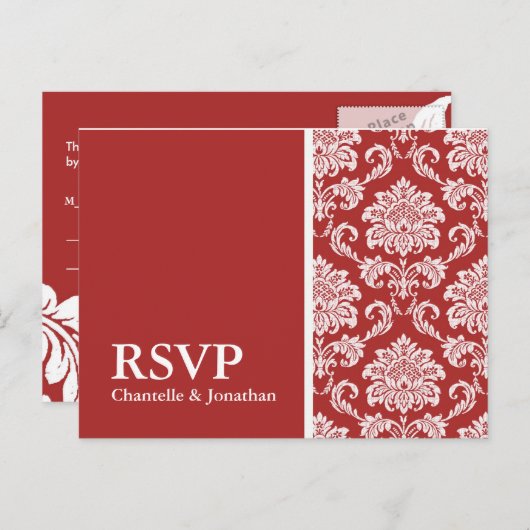 Red Damask RSVP Briefkaart (Voorkant / Achterkant)