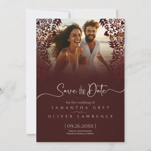 Red Damask Save the Date Kaart met aangepaste foto (Voorkant)