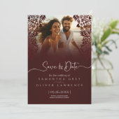 Red Damask Save the Date Kaart met aangepaste foto (Staand voorkant)
