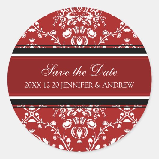 Red Damask Save the Date Winter Bruiloft Stickers (Voorkant)