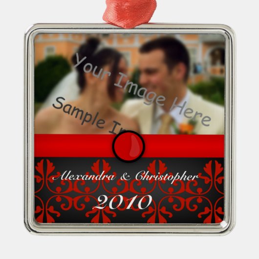 Red Damask Silver Couples Metalen Ornament (Voorkant)