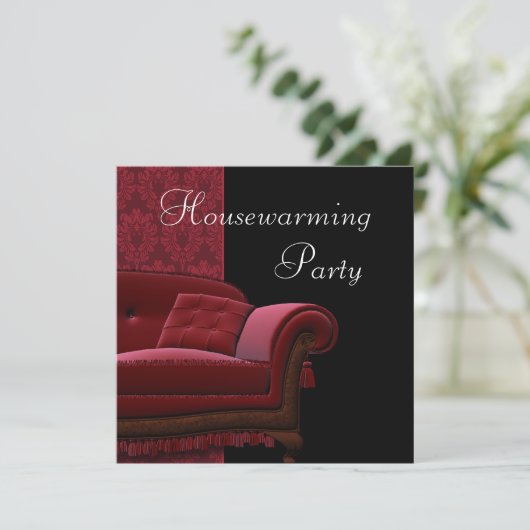 Red Damask Sofa Housewarming Party Uitnodiging (Staand voorkant)