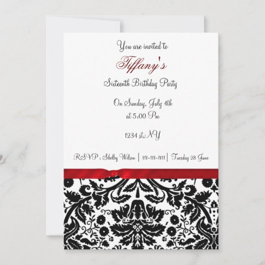 Red damask Sweet Sixteen party Invitation Kaart (Voorkant)