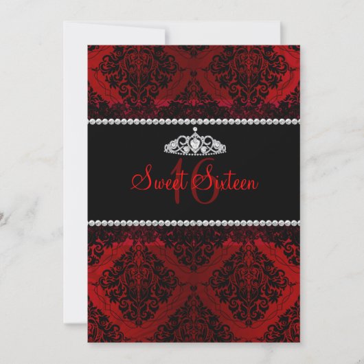 Red Damask & Tiara Sweet Sixteen Invite Kaart (Voorkant)