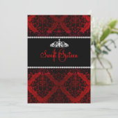 Red Damask & Tiara Sweet Sixteen Invite Kaart (Staand voorkant)