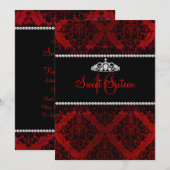 Red Damask & Tiara Sweet Sixteen Invite Kaart (Voorkant / Achterkant)