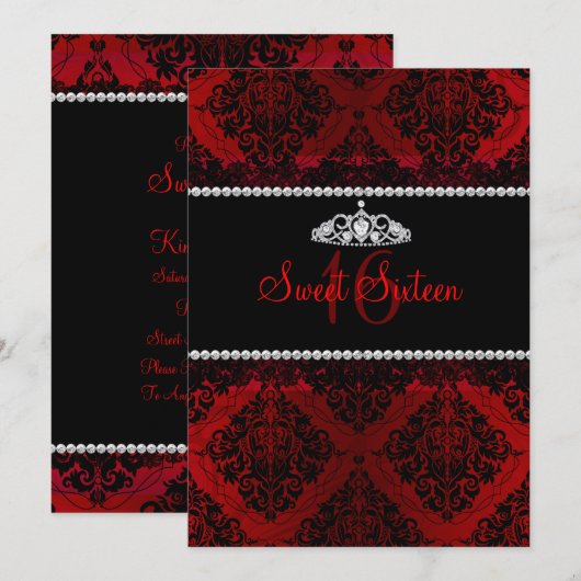 Red Damask & Tiara Sweet Sixteen Invite Kaart (Voorkant / Achterkant)