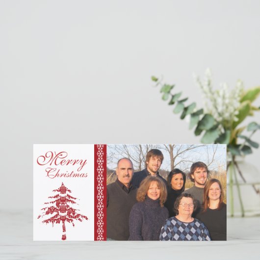 Red Damask Tree & Snowflakes Merry Kerstmis Feestdagenkaart (Staand voorkant)