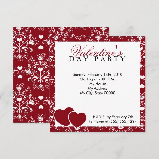 Red Damask Valentijnsdag Invitation Kaart (Voorkant / Achterkant)