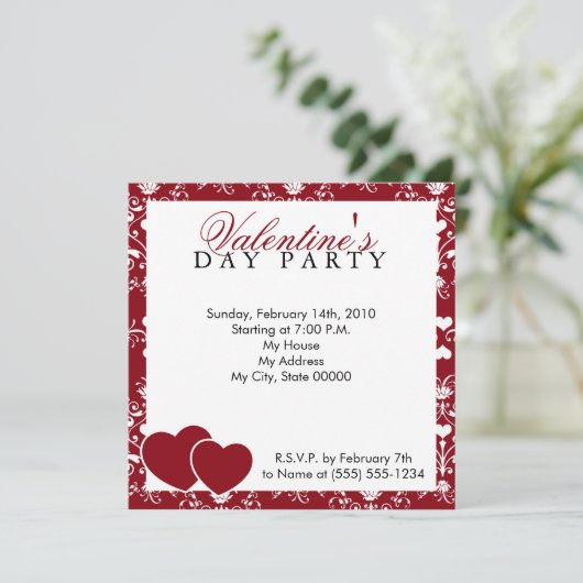 Red Damask Valentijnsdag Invitation Kaart (Staand voorkant)