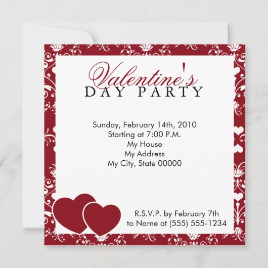 Red Damask Valentijnsdag Invitation Kaart (Voorkant)
