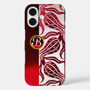 RED DAMASK VELVET TULIPS MONOGRAM Burgundy White iPhone 16 Hoesje