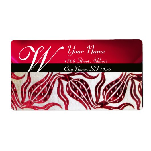 RED DAMASK VELVET TULIPS MONOGRAM Burgundy White Etiket (Voorkant)