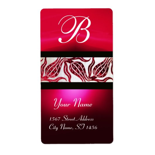 RED DAMASK VELVET TULIPS MONOGRAM Burgundy White Etiket (Voorkant)