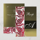RED DAMASK VELVET TULIPS MONOGRAM Burgundy White RSVP Kaartje (Voorkant / Achterkant)