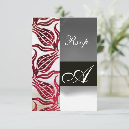 RED DAMASK VELVET TULIPS MONOGRAM Burgundy White RSVP Kaartje (Staand voorkant)