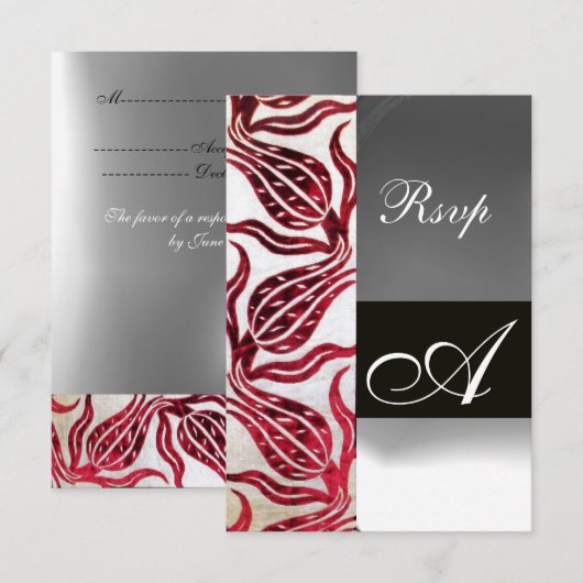 RED DAMASK VELVET TULIPS MONOGRAM Burgundy White RSVP Kaartje (Voorkant / Achterkant)