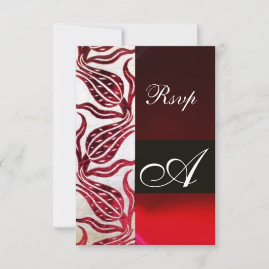 RED DAMASK VELVET TULIPS MONOGRAM Burgundy White RSVP Kaartje (Voorkant)