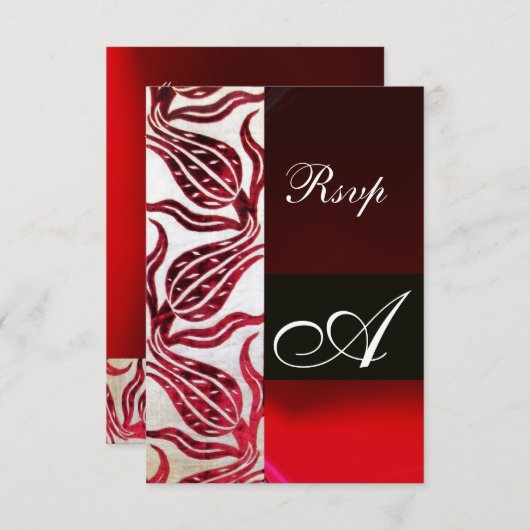 RED DAMASK VELVET TULIPS MONOGRAM Burgundy White RSVP Kaartje (Voorkant / Achterkant)